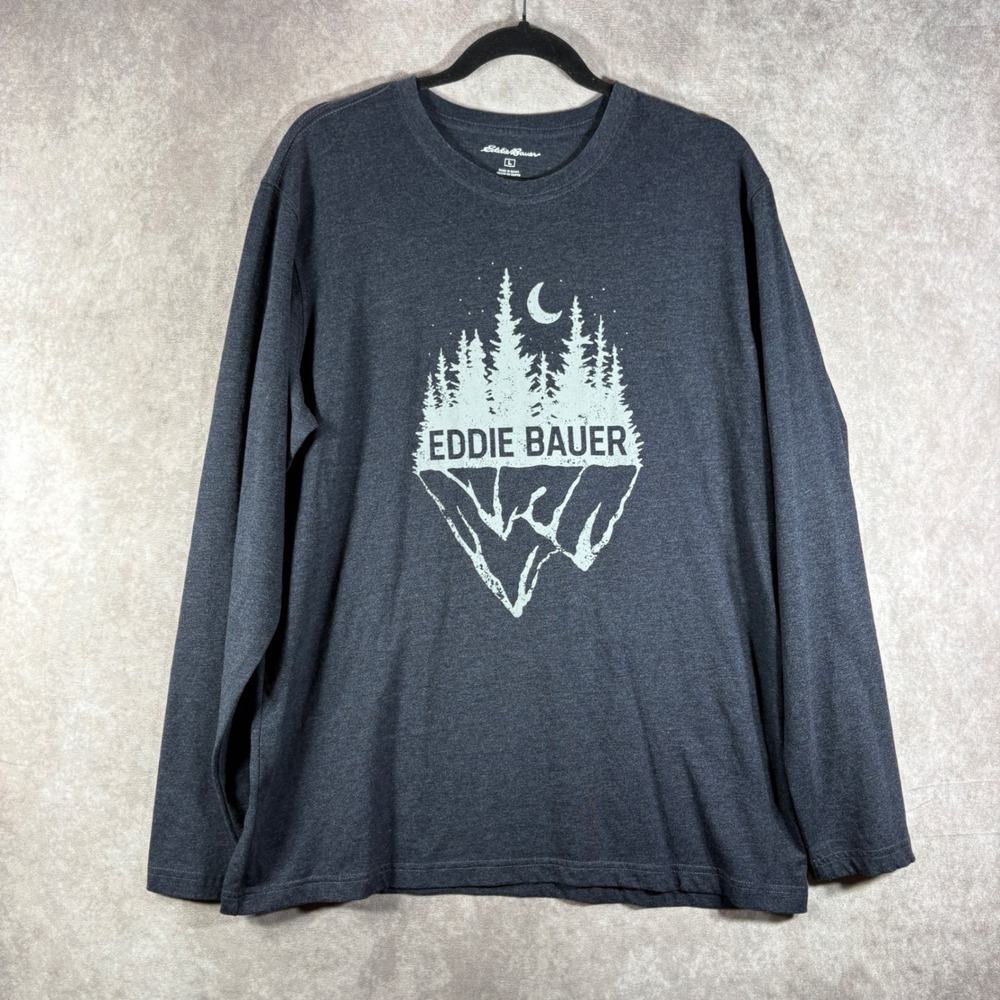 Eddie Bauer T Shirt Mens‎ Large Gray Long Sleeve Graphic Nature Mountain Moon